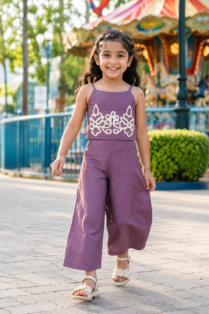 Girls Lavender Embroidered Sleeveless Co-Ord Set with Wide Leg Pants | Stylish Kids Summer Outfit 70547-31-DPPL-EM