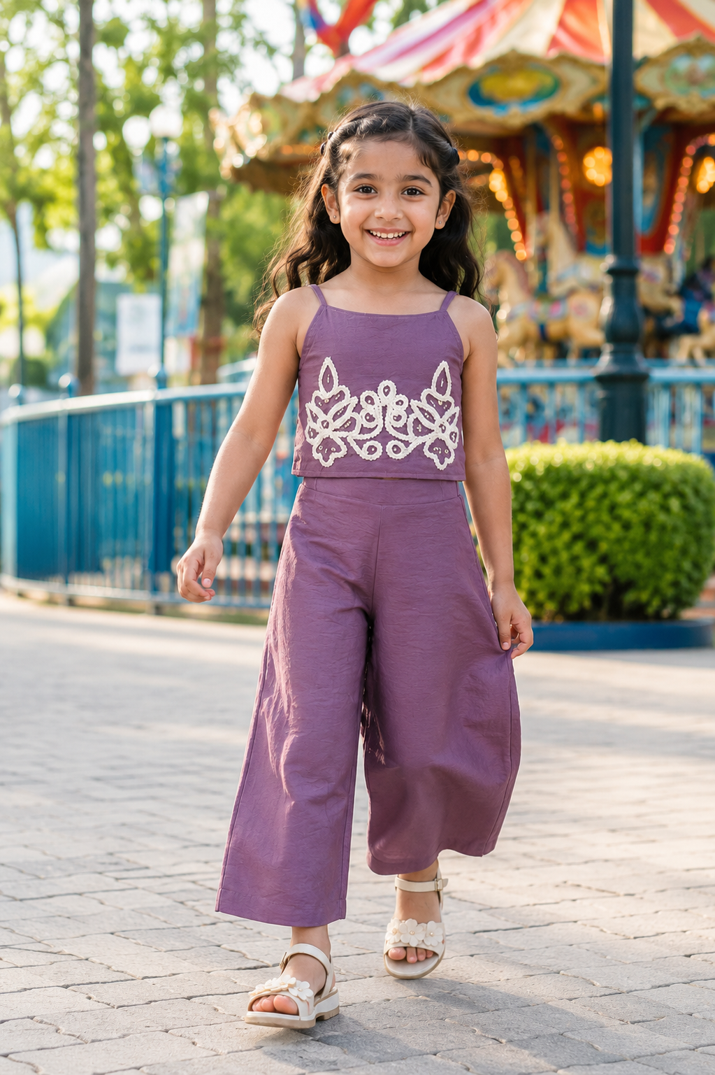 Girls Lavender Embroidered Sleeveless Co-Ord Set with Wide Leg Pants | Stylish Kids Summer Outfit 70547-31-DPPL-EM