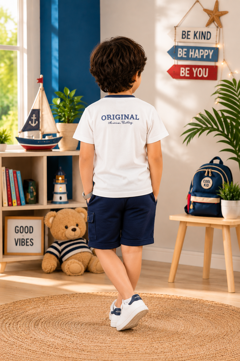 Boys White & Navy Striped Cotton T-Shirt & Navy Shorts Co-Ord Set | Soft & Breathable Casual Summer Wear 7930-268-WHT DNM-PR - Image 2