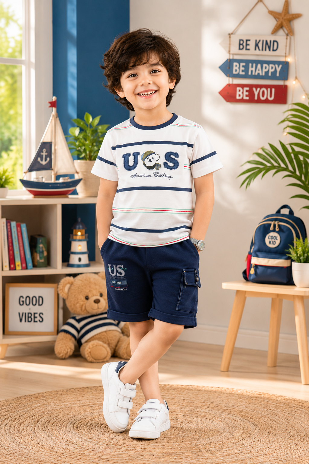 Boys White & Navy Striped Cotton T-Shirt & Navy Shorts Co-Ord Set | Soft & Breathable Casual Summer Wear 7930-268-WHT DNM-PR
