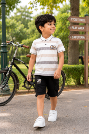Boys Grey Striped Cotton Polo T-Shirt & Black Shorts Co-Ord Set | Soft & Breathable Casual Summer Wear 8285-268-BLK L-GRY-PR