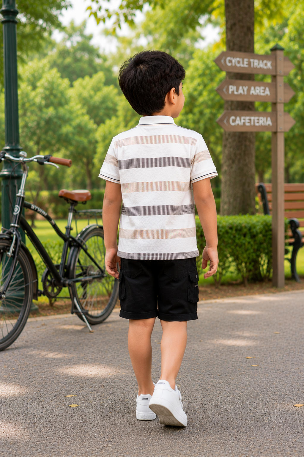 Boys Grey Striped Cotton Polo T-Shirt & Black Shorts Co-Ord Set | Soft & Breathable Casual Summer Wear 8285-268-BLK L-GRY-PR - Image 2