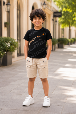 Boys Black Graphic Print Cotton T-Shirt & Beige Cargo Shorts Co-Ord Set | Soft & Breathable Casual Summer Wear 8292-268-FWN BLK-PR