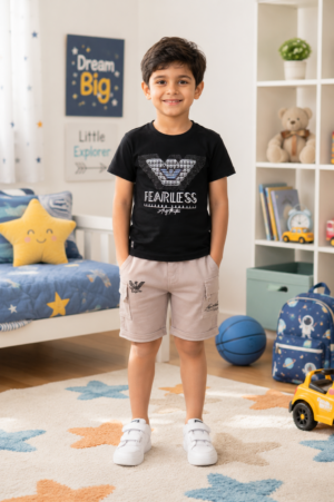 Boys Black Graphic Print Cotton T-Shirt & Beige Shorts Co-Ord Set | Soft & Breathable Casual Summer Wear 8349-268-BLK BIS-PR