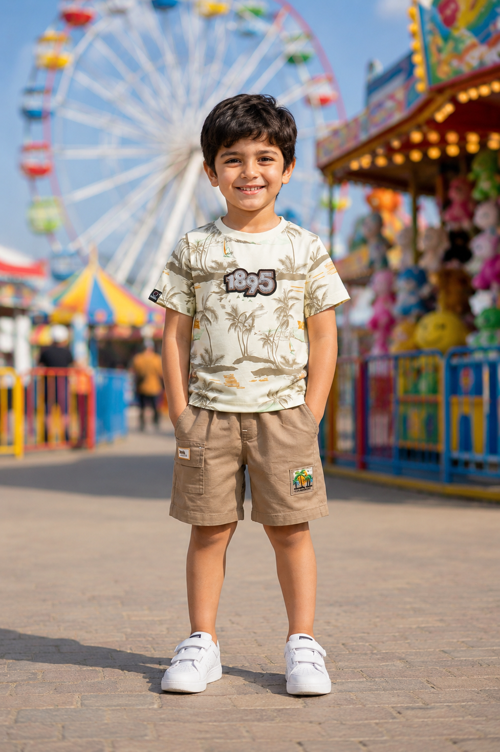 Boys Beige Tropical Print Cotton T-Shirt & Khaki Shorts Co-Ord Set | Soft & Breathable Casual Summer Wear 10401-30-LLM BWN-PR