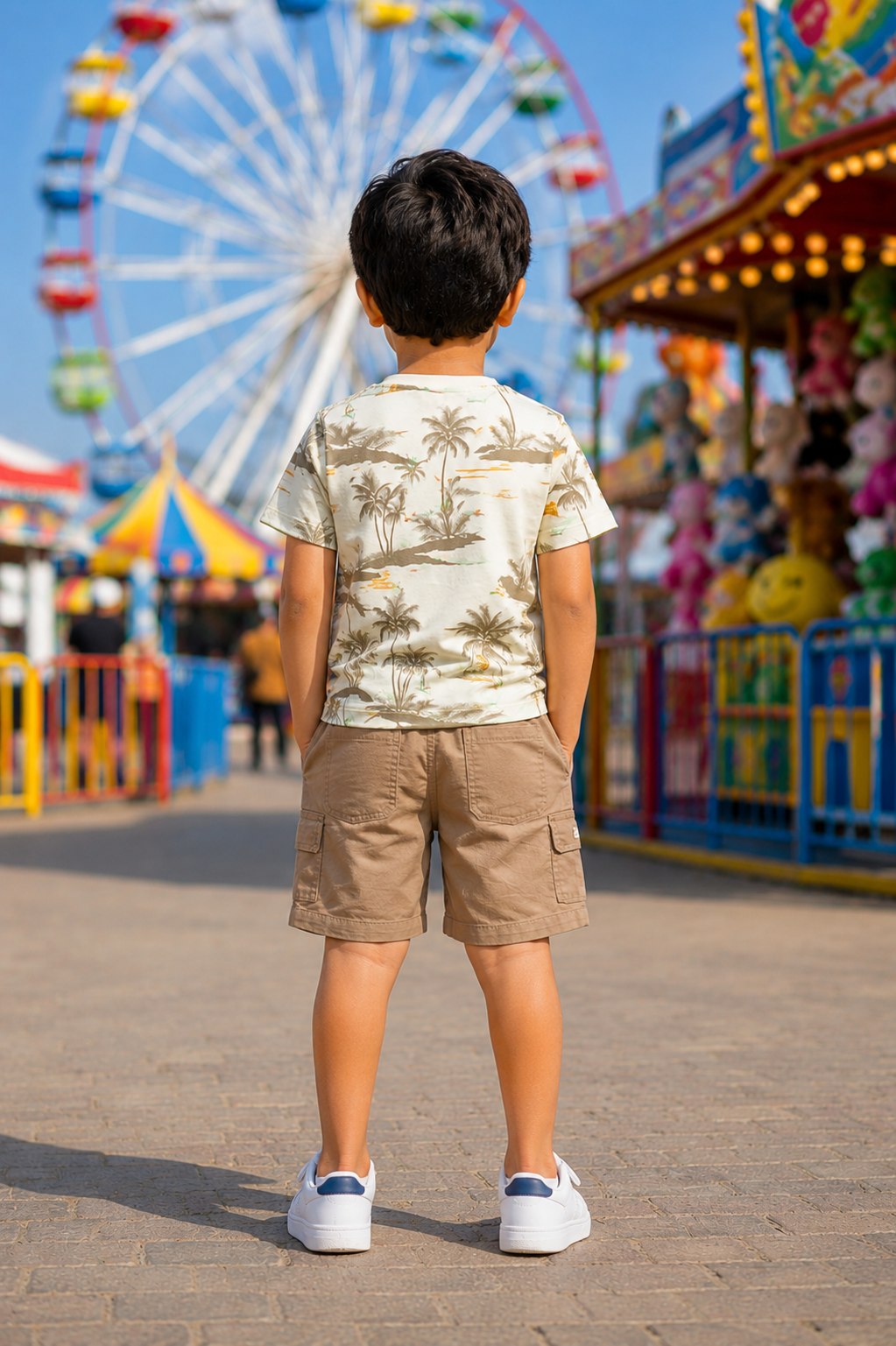 Boys Beige Tropical Print Cotton T-Shirt & Khaki Shorts Co-Ord Set | Soft & Breathable Casual Summer Wear 10401-30-LLM BWN-PR - Image 2