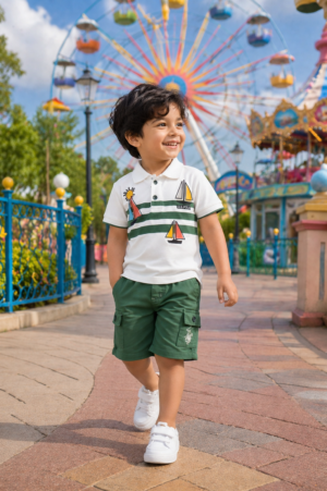 Boys White Cotton Polo T-Shirt & Green Cargo Shorts Co-Ord Set | Soft & Breathable Casual Summer Wear 10196-30-WHT PGN-PT
