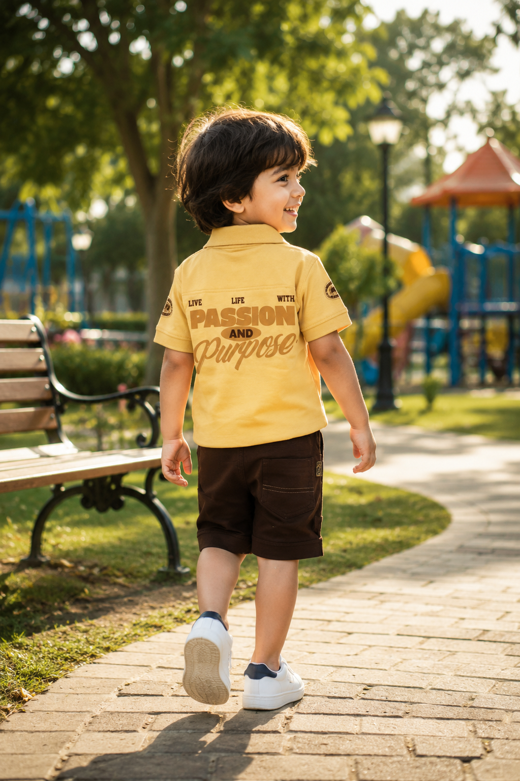 Boys Mustard Yellow Cotton Polo T-Shirt & Brown Shorts Co-Ord Set | Soft & Breathable Casual Summer Wear 15423-268-D.YLW BRN - Image 2