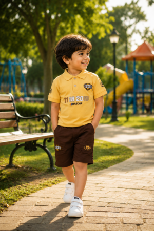 Boys Mustard Yellow Cotton Polo T-Shirt & Brown Shorts Co-Ord Set | Soft & Breathable Casual Summer Wear 15423-268-D.YLW BRN