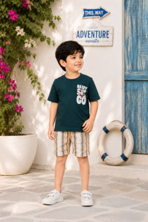 Boys Teal Graphic Print Cotton T-Shirt & Checked Shorts Co-Ord Set | Soft & Breathable Casual Summer Wear 396-41-DGN-PT