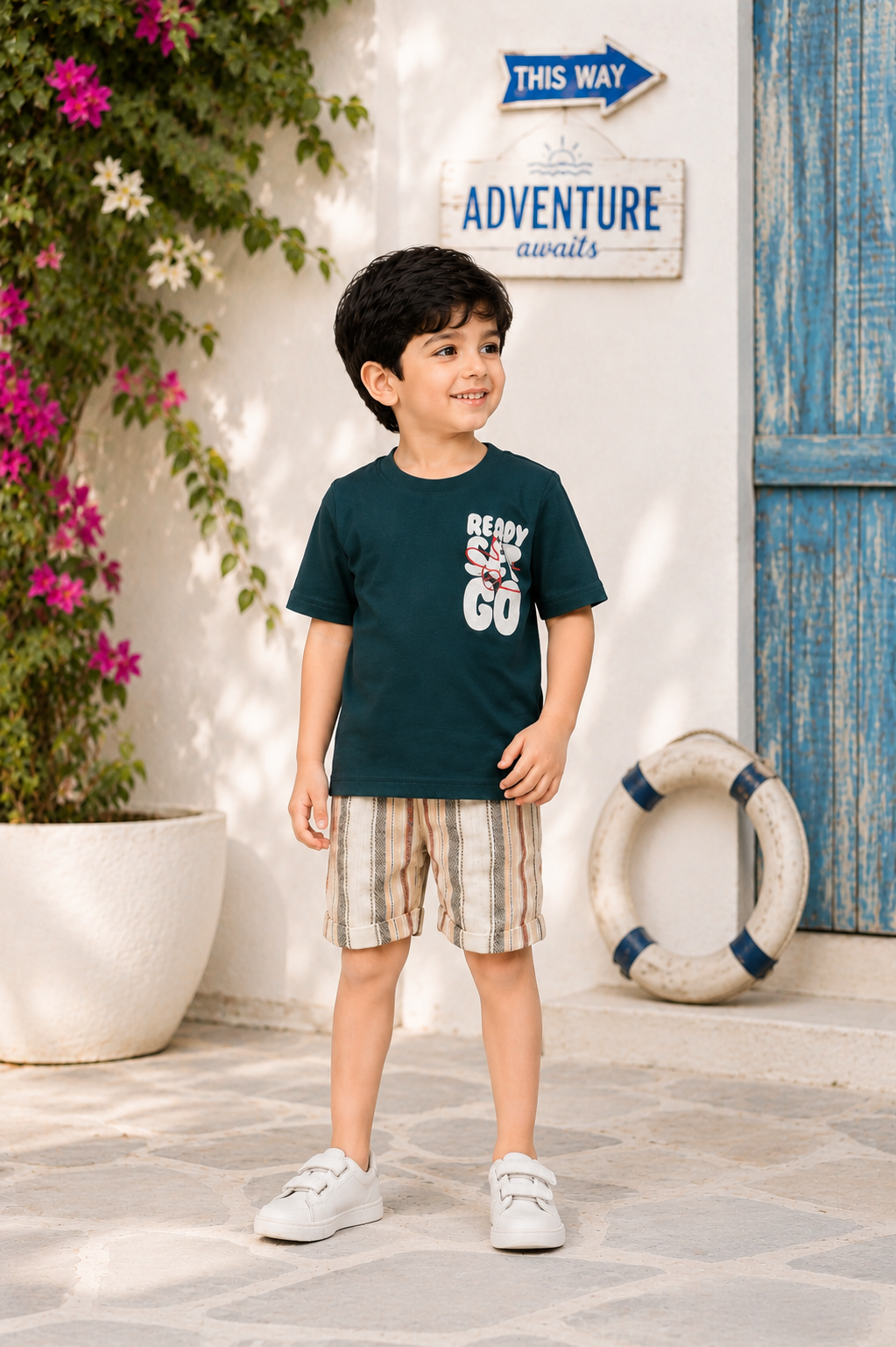 Boys Teal Graphic Print Cotton T-Shirt & Checked Shorts Co-Ord Set | Soft & Breathable Casual Summer Wear 396-41-DGN-PT