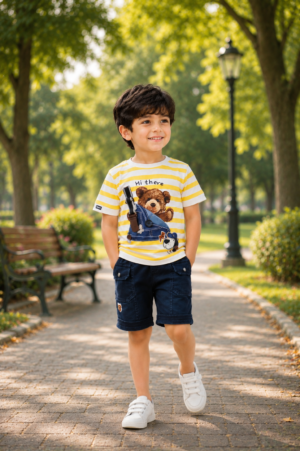 Boys Yellow Striped Bear Print Cotton T-Shirt & Navy Cargo Shorts Co-Ord Set | Soft & Breathable Casual Summer Wear 2127-41-YLW BRN-PR