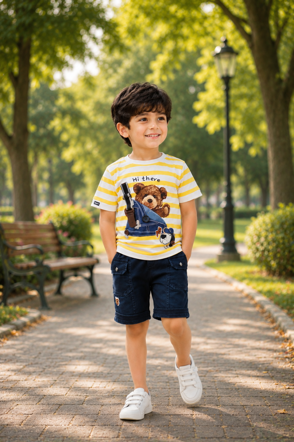 Boys Yellow Striped Bear Print Cotton T-Shirt & Navy Cargo Shorts Co-Ord Set | Soft & Breathable Casual Summer Wear 2127-41-YLW BRN-PR