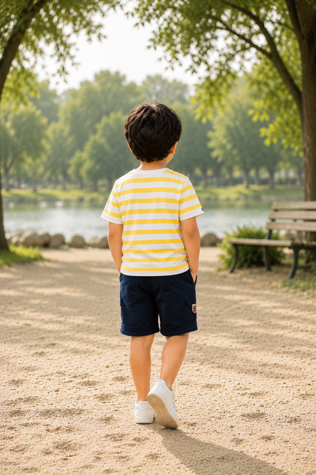 Boys Yellow Striped Bear Print Cotton T-Shirt & Navy Cargo Shorts Co-Ord Set | Soft & Breathable Casual Summer Wear 2127-41-YLW BRN-PR - Image 2