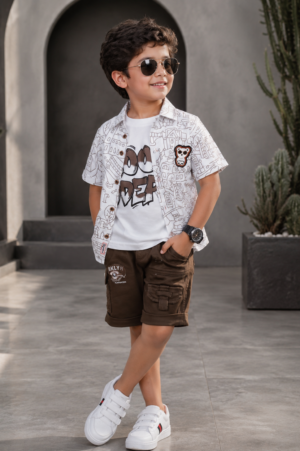 Boys Grey Printed Cotton Shirt, Graphic T-Shirt & Brown Cargo Shorts 3-Piece Set | Soft & Breathable Casual Summer Wear 2221-268-BIS WHT-PR