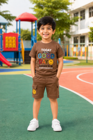 Boys Brown Graphic Print Cotton T-Shirt & Shorts Co-Ord Set | Soft & Breathable Casual Summer Wear 2130-41-CHO-PT