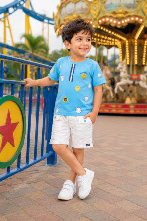 Boys Sky Blue Graphic Print Cotton T-Shirt & White Shorts Co-Ord Set | Soft & Breathable Casual Summer Wear 2134-41-BLU-PT