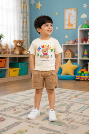 Boys Cream Graphic Print Cotton T-Shirt & Khaki Shorts Co-Ord Set | Soft & Breathable Casual Summer Wear 2135-41-CRM FWN-LT