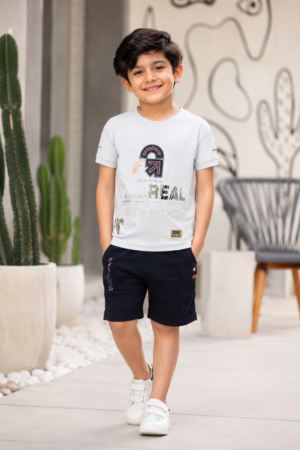 Boys Light Grey Graphic Print Cotton T-Shirt & Navy Shorts Co-Ord Set | Soft & Breathable Casual Summer Wear 5091-268-PST NVY-PR