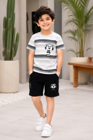 Boys Grey Striped Graphic Print Cotton T-Shirt & Black Shorts Co-Ord Set | Soft & Breathable Casual Summer Wear 5113-268-MSE BLK-LN