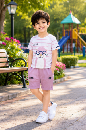 Boys White & Pink Striped Graphic Print Cotton T-Shirt & Shorts Co-Ord Set | Soft & Breathable Casual Summer Wear  7319-47-PNK-LI