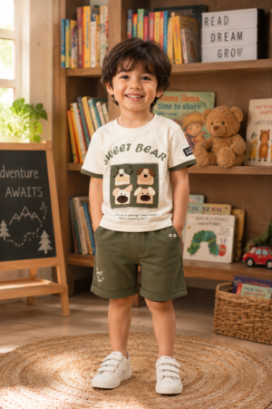 Boys Cream Graphic Print Cotton T-Shirt & Olive Green Shorts Co-Ord Set | Soft & Breathable Casual Summer Wear 7334-47-WHT GRN-PR