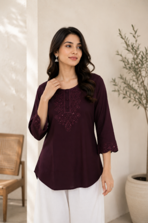 Women's Plum Embroidered Straight Kurti | Round Neck 3/4 Sleeve Ethnic Casual Wear LD63PT-427-WN-EM