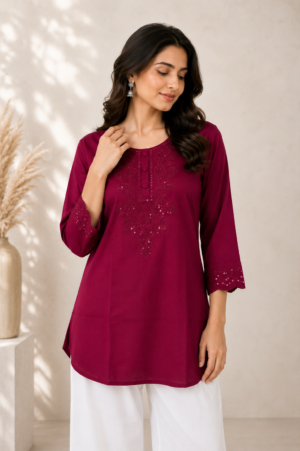 Women's Wine Embroidered Straight Kurti | Round Neck 3/4 Sleeve Ethnic Casual Wear LD63PT-427-D PK-EM