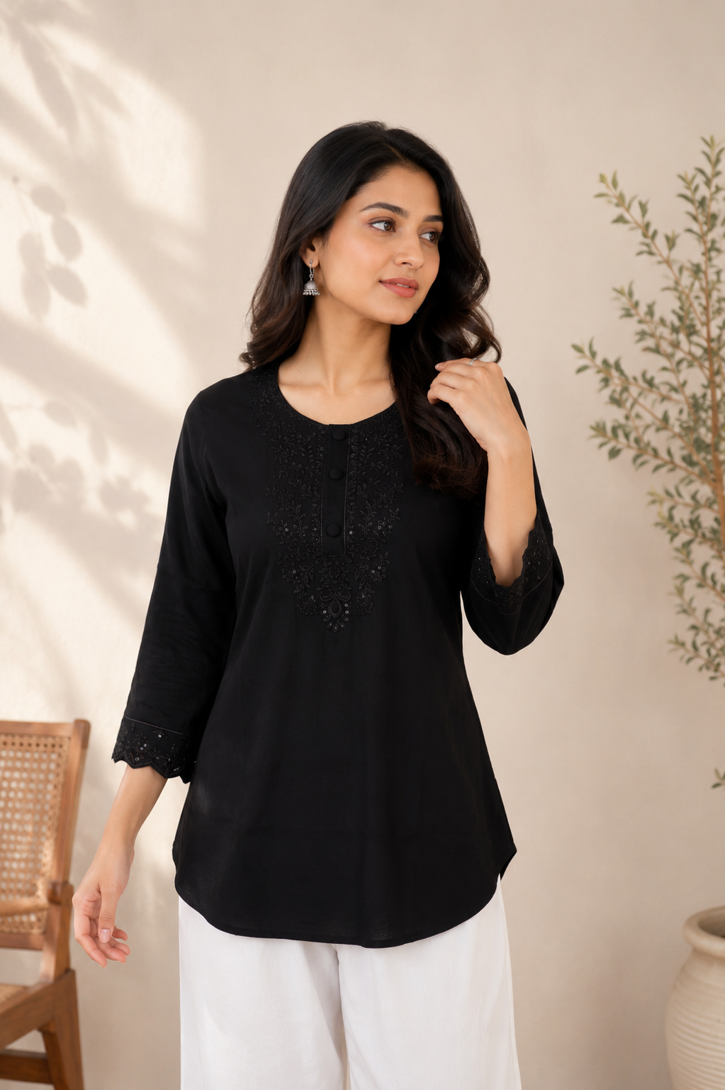Women's Black Embroidered Straight Kurti | Round Neck 3/4 Sleeve Ethnic Casual Wear LD63PT-427-BLK-EMB