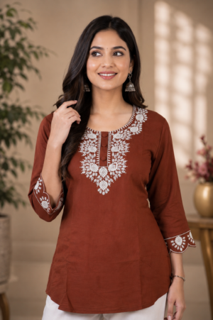 Women's Rust Brown Embroidered Straight Kurti | Round Neck 3/4 Sleeve Ethnic Casual Wear LD63PT-427-RST-EM