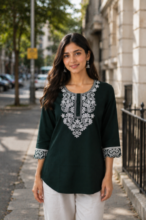 Women's Bottle Green Embroidered Straight Kurti | Round Neck 3/4 Sleeve Ethnic Casual Wear LD63PT-MHD-EM