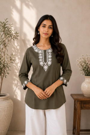Women's Olive Green Embroidered Straight Kurti | Round Neck 3/4 Sleeve Ethnic Casual Wear  LD63PT-D GRN-EM