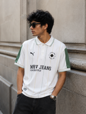 Men's White & Green Striped Polo Collar Cotton T-Shirt | Casual Half Sleeve Sports Tee 52583-268-L.GRN WHT-LI