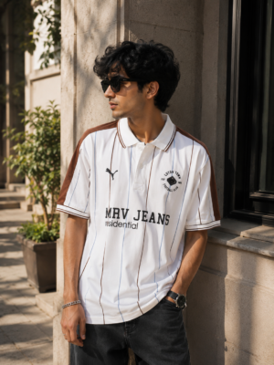 Men's White & Brown Striped Polo Collar Cotton T-Shirt | Casual Half Sleeve Sports Tee 52583-268-BRN WHT-LI