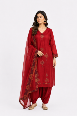 Women's Red Embroidered Kurta Pant Set with Dupatta | V-Neck | 3-Piece Ethnic Suit | Festive, Party & Wedding Wear SL17-445-RST-PR