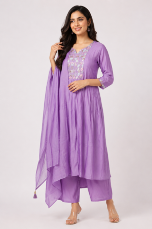 Women's Lavender Embroidered A-Line Kurta Pant with Dupatta Set | Elegant Ethnic Wear | Regular Fit 57018-442-LVN-PR