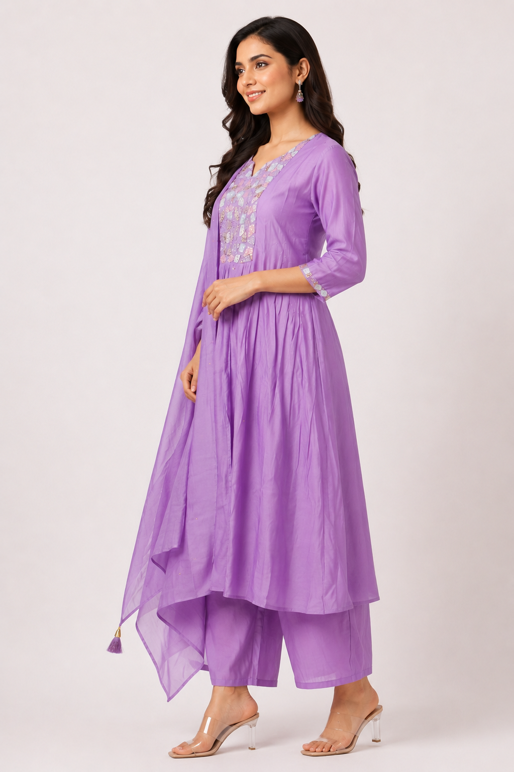 Women's Lavender Embroidered A-Line Kurta Pant with Dupatta Set | Elegant Ethnic Wear | Regular Fit 57018-442-LVN-PR - Image 2