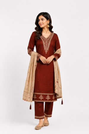 Women's Maroon Embroidered Kurta Pant Set with Dupatta | V-Neck | 3-Piece Ethnic Suit | Festive, Party & Wedding Wear SL19-445-RST-PR