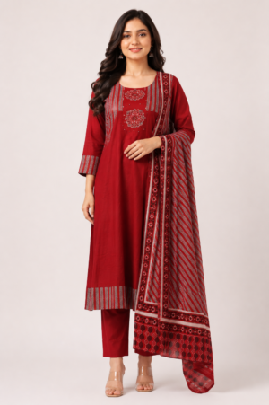 Women's Maroon Embroidered Straight Kurta Pant Set with Printed Dupatta | 3-Piece Ethnic Wear | Regular Fit | Festive & Casual Wear 82-24-RST-PR