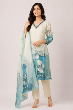 Women's Off White & Sky Blue Printed Straight Kurta Pant with Dupatta Set | Elegant Ethnic Wear | Regular Fit 10473-337-CRM-PR