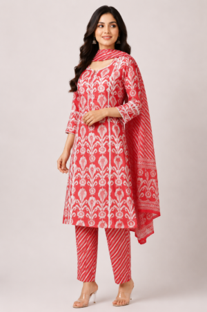 Women's Coral Pink Printed Straight Kurta Pant Set with Dupatta | 3-Piece Ethnic Wear | Regular Fit | Festive & Casual Wear 81-24-GJR-PR