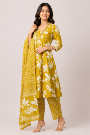 Women's Mustard Yellow Floral Printed Straight Kurta Pant Set with Dupatta | 3-Piece Ethnic Wear | Regular Fit | Festive & Casual Wear 45-24-MSTD-PR