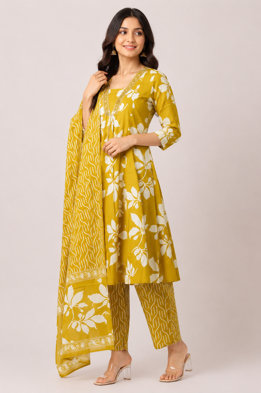 Women's Mustard Yellow Floral Printed Straight Kurta Pant Set with Dupatta | 3-Piece Ethnic Wear | Regular Fit | Festive & Casual Wear 45-24-MSTD-PR
