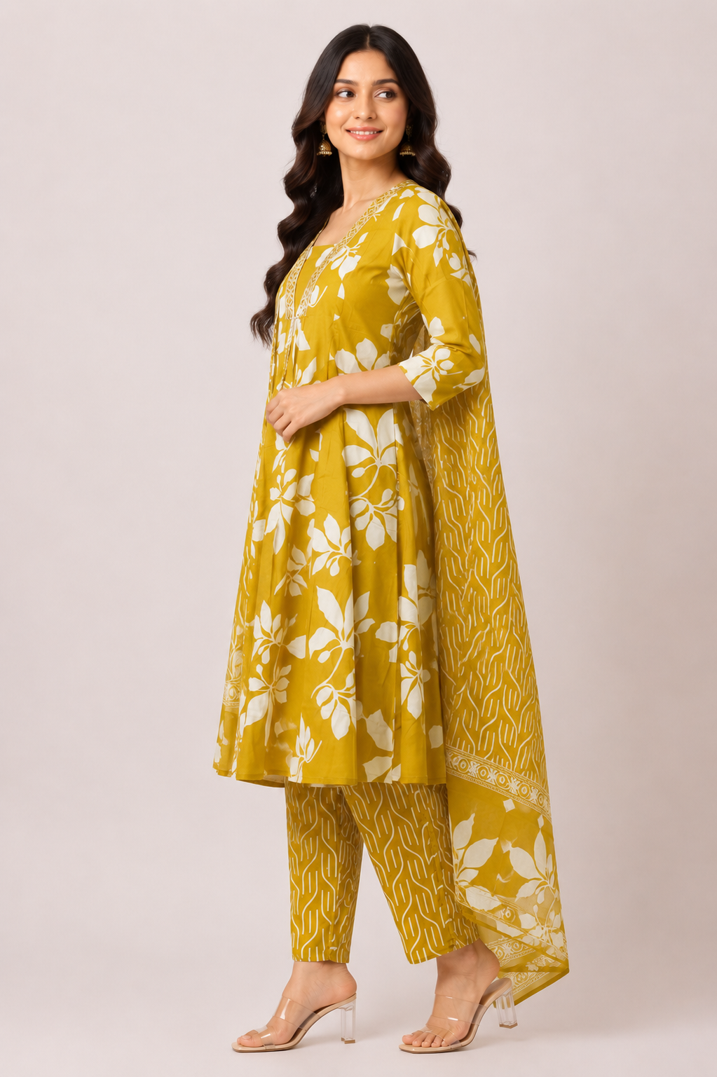 Women's Mustard Yellow Floral Printed Straight Kurta Pant Set with Dupatta | 3-Piece Ethnic Wear | Regular Fit | Festive & Casual Wear 45-24-MSTD-PR - Image 2