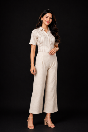 Women's Beige Striped Co-Ord Set | Collared Half Sleeve Shirt & Wide-Leg Palazzo Pants | Regular Fit | Casual & Office Wear 11164-268-OW-LI