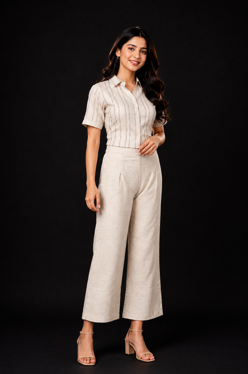 Women's Beige Striped Co-Ord Set | Collared Half Sleeve Shirt & Wide-Leg Palazzo Pants | Regular Fit | Casual & Office Wear 11164-268-OW-LI
