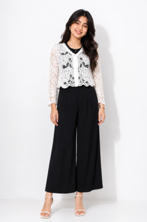 Women's Black & White Lace Co-Ord Set | Floral Lace Crop Top & Wide-Leg Palazzo Pants | Regular Fit | Party, Casual & Evening Wear LD01-427-WTH BLK-FN