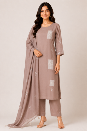 Women's Taupe Embroidered Straight Kurta Pant Set with Dupatta | 3-Piece Ethnic Wear | Regular Fit | Festive & Casual Wear 2803-449-SKIN-PR