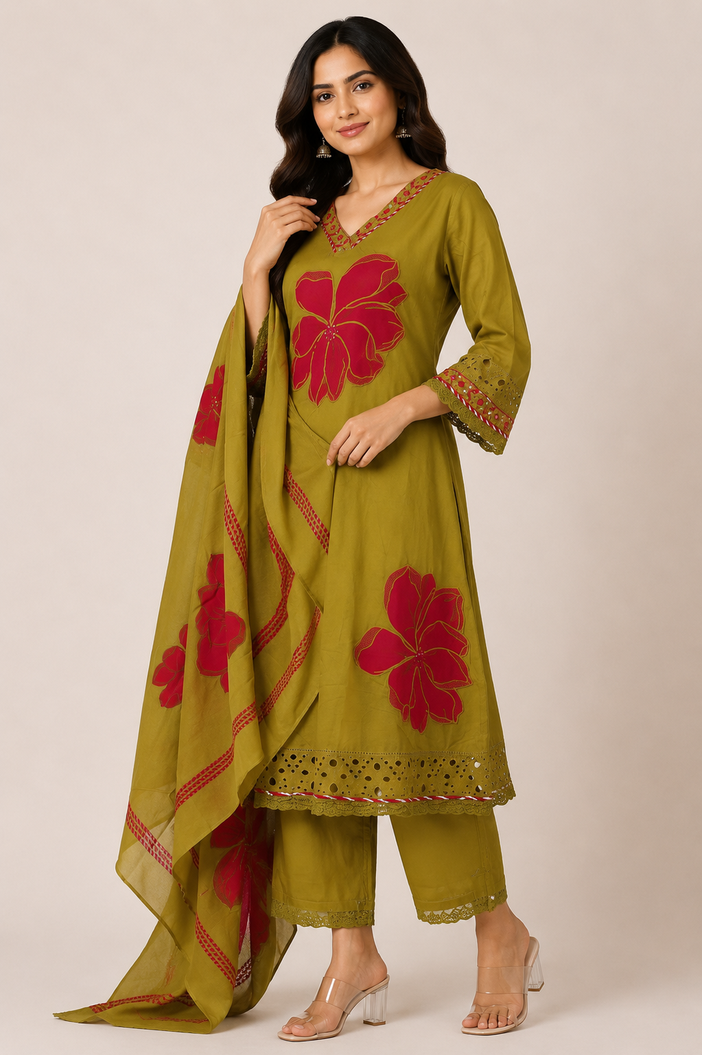 Women's Olive Green Floral Printed Straight Kurta Pant Set with Dupatta | 3-Piece Ethnic Wear | Regular Fit | Festive & Casual Wear 762-449-MHND-PR