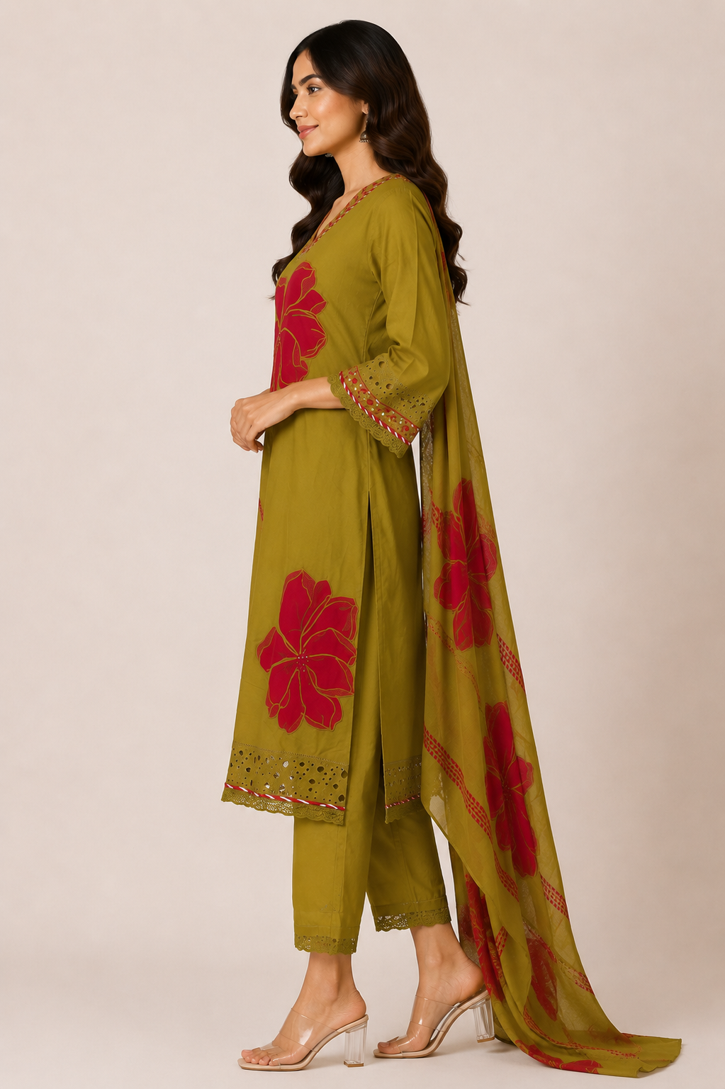 Women's Olive Green Floral Printed Straight Kurta Pant Set with Dupatta | 3-Piece Ethnic Wear | Regular Fit | Festive & Casual Wear 762-449-MHND-PR - Image 2
